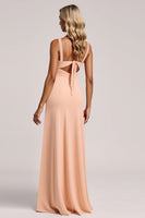 Load image into Gallery viewer, Blush Sheath V-Neck Ruched Long Bridesmaid Dress with Slit