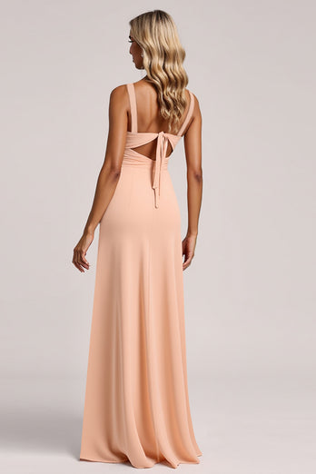 Blush Sheath V-Neck Ruched Long Bridesmaid Dress with Slit