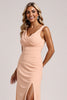 Load image into Gallery viewer, Blush Sheath V-Neck Ruched Long Bridesmaid Dress with Slit