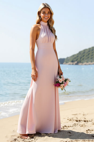 Candy Pink Halter Satin Long Bridesmaid Dress
