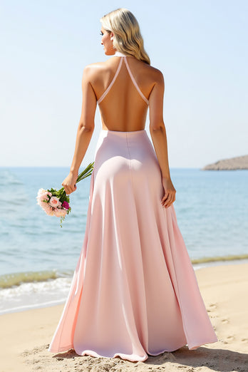 Candy Pink Halter Satin Long Bridesmaid Dress