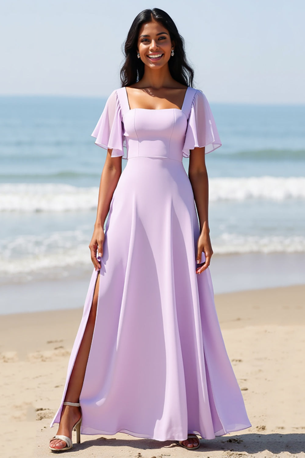 Lilac Chiffon Flutter Sleeves A Line Long Bridesmaid Dress