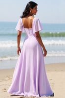 Load image into Gallery viewer, Lilac Chiffon Flutter Sleeves A Line Long Bridesmaid Dress