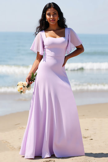 Lilac Chiffon Flutter Sleeves A Line Long Bridesmaid Dress