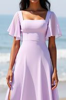 Load image into Gallery viewer, Lilac Chiffon Flutter Sleeves A Line Long Bridesmaid Dress