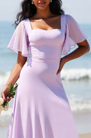 Load image into Gallery viewer, Lilac Chiffon Flutter Sleeves A Line Long Bridesmaid Dress
