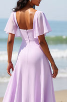 Load image into Gallery viewer, Lilac Chiffon Flutter Sleeves A Line Long Bridesmaid Dress