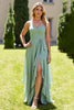 Load image into Gallery viewer, Sage Green Chiffon Sheath Ruffled Long Bridesmaid Dress with Slit