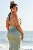 Load image into Gallery viewer, Eucalyptus Plus Size Sheath Satin Long Bridesmaid Dress with Slit