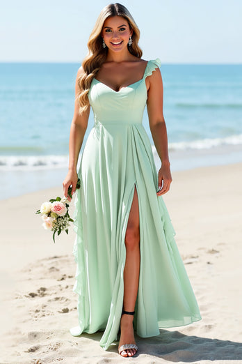 Mint Green Chiffon Plus Size Sheath Long Bridesmaid Dress