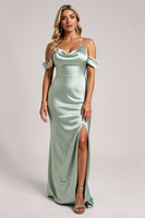 Load image into Gallery viewer, Sage Green Off the Shoulder Satin Long Bridesmaid Dress with Slit