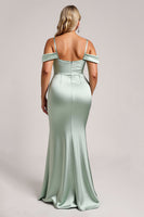 Load image into Gallery viewer, Sage Green Off the Shoulder Satin Long Bridesmaid Dress with Slit