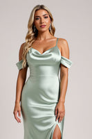 Load image into Gallery viewer, Sage Green Off the Shoulder Satin Long Bridesmaid Dress with Slit