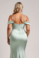 Load image into Gallery viewer, Sage Green Off the Shoulder Satin Long Bridesmaid Dress with Slit