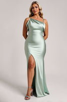 Load image into Gallery viewer, Sage Green Plus Size Satin Long Bridesmaid Dress with Slit