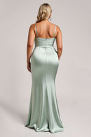 Load image into Gallery viewer, Sage Green Plus Size Satin Long Bridesmaid Dress with Slit