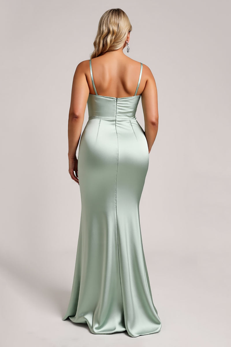 Load image into Gallery viewer, Sage Green Plus Size Satin Long Bridesmaid Dress with Slit