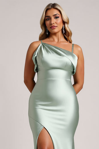 Sage Green Plus Size Satin Long Bridesmaid Dress with Slit