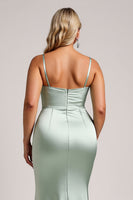 Load image into Gallery viewer, Sage Green Plus Size Satin Long Bridesmaid Dress with Slit