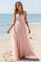 Load image into Gallery viewer, Blush Sheath Chiffon Spaghetti Straps Long Bridesmaid Dress with Appliques