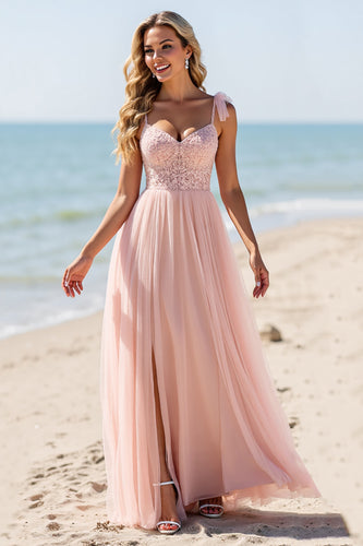 Blush Sheath Chiffon Spaghetti Straps Long Bridesmaid Dress with Appliques