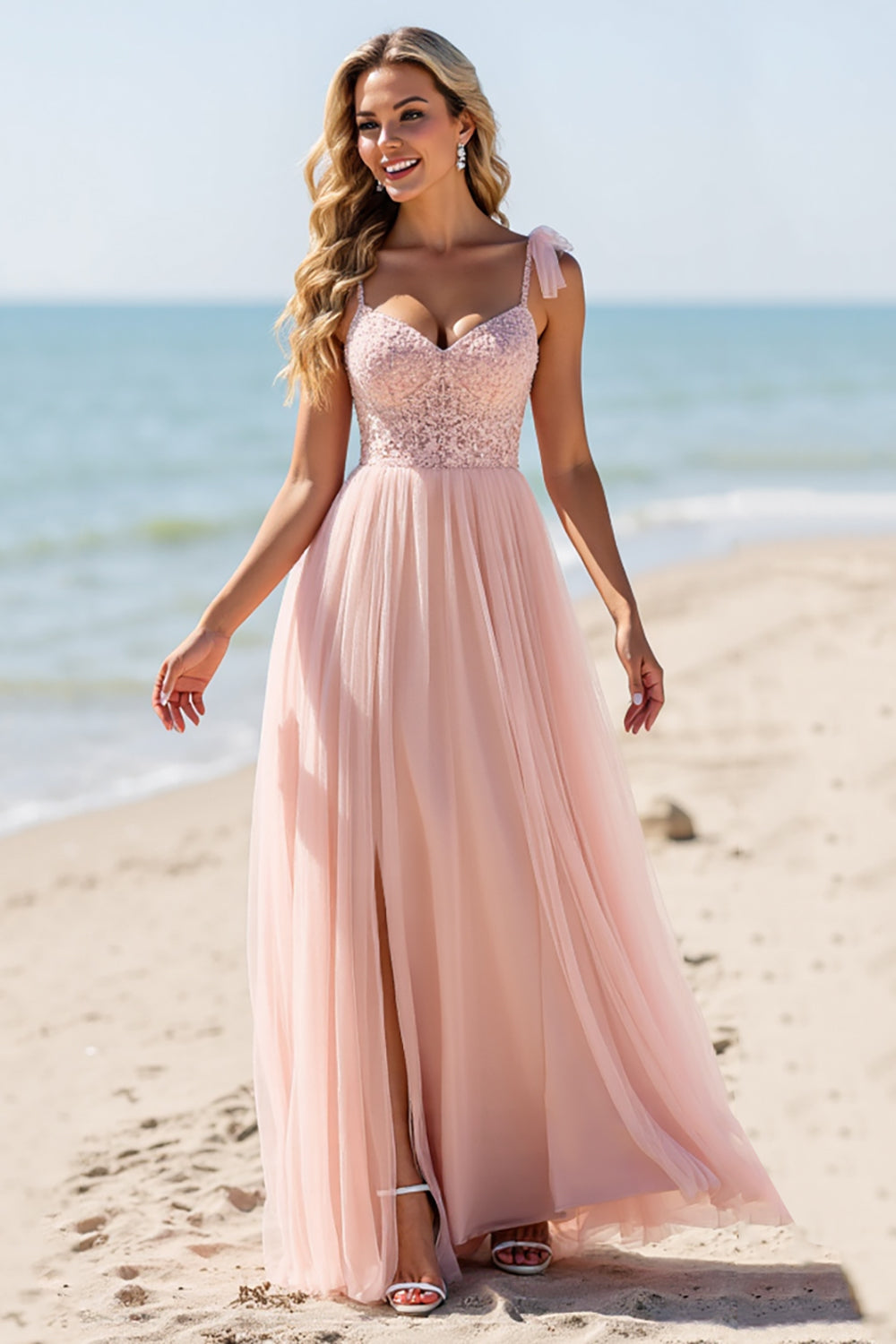 Blush Sheath Chiffon Spaghetti Straps Long Bridesmaid Dress with Appliques