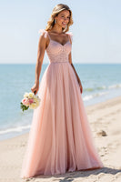 Load image into Gallery viewer, Blush Sheath Chiffon Spaghetti Straps Long Bridesmaid Dress with Appliques