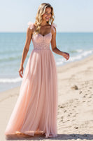 Load image into Gallery viewer, Blush Sheath Chiffon Spaghetti Straps Long Bridesmaid Dress with Appliques