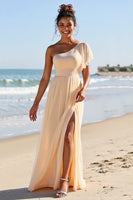 Load image into Gallery viewer, Apricot Chiffon One Shoulder Sheath Long Bridesmaid Dress