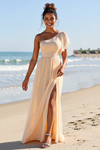 Apricot Chiffon One Shoulder Sheath Long Bridesmaid Dress