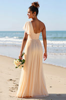 Load image into Gallery viewer, Apricot Chiffon One Shoulder Sheath Long Bridesmaid Dress
