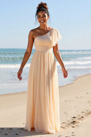 Load image into Gallery viewer, Apricot Chiffon One Shoulder Sheath Long Bridesmaid Dress
