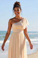 Load image into Gallery viewer, Apricot Chiffon One Shoulder Sheath Long Bridesmaid Dress