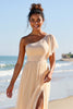 Load image into Gallery viewer, Apricot Chiffon One Shoulder Sheath Long Bridesmaid Dress