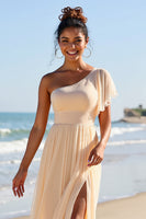 Load image into Gallery viewer, Apricot Chiffon One Shoulder Sheath Long Bridesmaid Dress