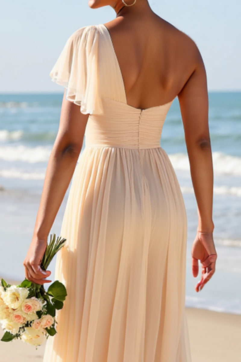 Load image into Gallery viewer, Apricot Chiffon One Shoulder Sheath Long Bridesmaid Dress