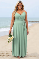 Load image into Gallery viewer, Sage Green Plus Size Chiffon Spaghetti Straps Long Bridesmaid Dress