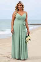 Load image into Gallery viewer, Sage Green Plus Size Chiffon Spaghetti Straps Long Bridesmaid Dress