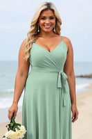 Load image into Gallery viewer, Sage Green Plus Size Chiffon Spaghetti Straps Long Bridesmaid Dress