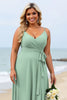 Load image into Gallery viewer, Sage Green Plus Size Chiffon Spaghetti Straps Long Bridesmaid Dress
