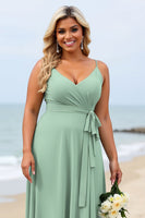 Load image into Gallery viewer, Sage Green Plus Size Chiffon Spaghetti Straps Long Bridesmaid Dress