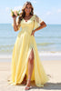 Load image into Gallery viewer, Yellow A Line V-Neck Chiffon Long Bridesmaid Dress with Slit