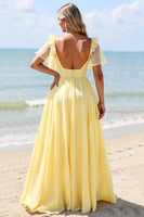 Load image into Gallery viewer, Yellow A Line V-Neck Chiffon Long Bridesmaid Dress with Slit