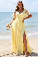 Load image into Gallery viewer, Yellow A Line V-Neck Chiffon Long Bridesmaid Dress with Slit