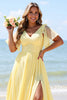 Load image into Gallery viewer, Yellow A Line V-Neck Chiffon Long Bridesmaid Dress with Slit