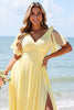 Load image into Gallery viewer, Yellow A Line V-Neck Chiffon Long Bridesmaid Dress with Slit