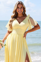 Load image into Gallery viewer, Yellow A Line V-Neck Chiffon Long Bridesmaid Dress with Slit