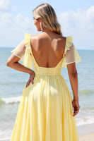 Load image into Gallery viewer, Yellow A Line V-Neck Chiffon Long Bridesmaid Dress with Slit