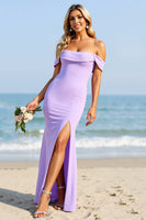 Load image into Gallery viewer, Lilac Satin Off the Shoulder Sheath Long Bridesmaid Dress with Slit