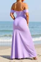 Load image into Gallery viewer, Lilac Satin Off the Shoulder Sheath Long Bridesmaid Dress with Slit